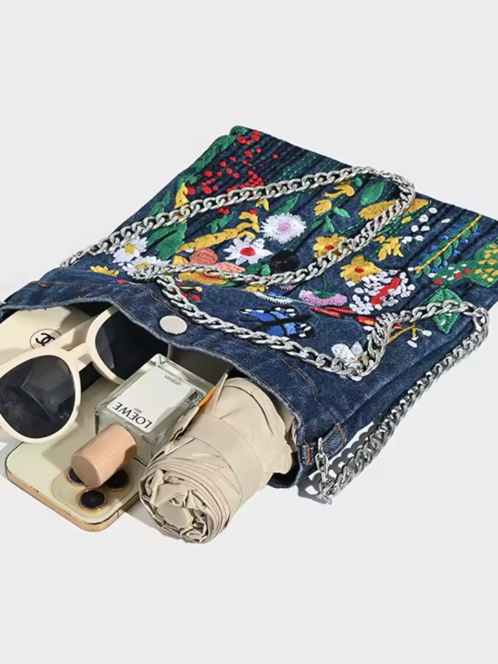 & Other Stories Embroidered Denim Crossbody Bag - Blue with Multicolor Floral - Picture 4 of 6